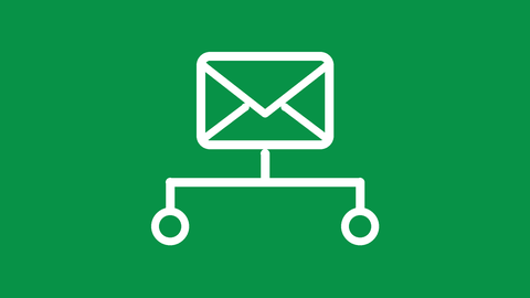 White outline of an email branching into two steps on a green background.