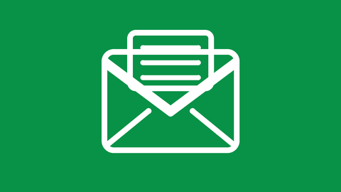 White outline of an email and message on a green background.